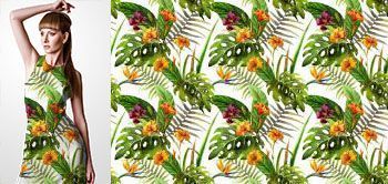 07022 Materiał ze wzorem malowane tropikalne liście i kwiaty (storczyki, hibiskus)